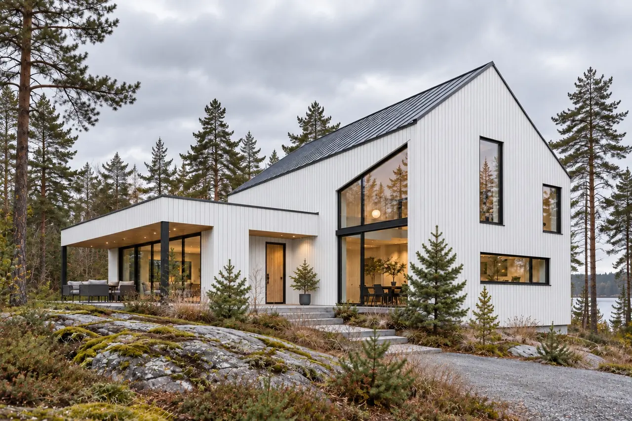 Maja fassaad toonis RAL 9003, kaugvaade